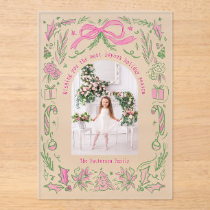 Invitations En Acrylique Coquette Famille de Noël Photo Pink Green Doodle