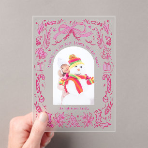 Invitations En Acrylique Coquette Famille de Noël Photo Red Pink Doodle