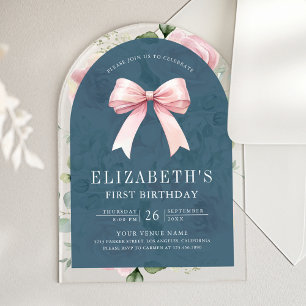 Invitations En Acrylique Coquette Fleur Rose Ruban Bleu Poussiéreux Premier
