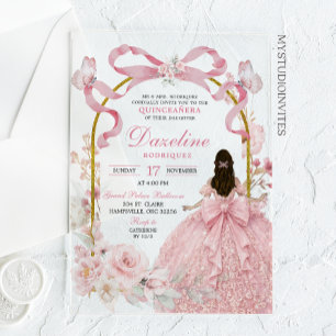 Invitations En Acrylique Coquette Papillon Quinceañera avec Ruban Rose
