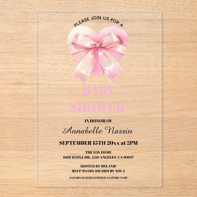 Invitations En Acrylique Coquette Pink Bow Ribbon Girl Baby Shower (Recto)