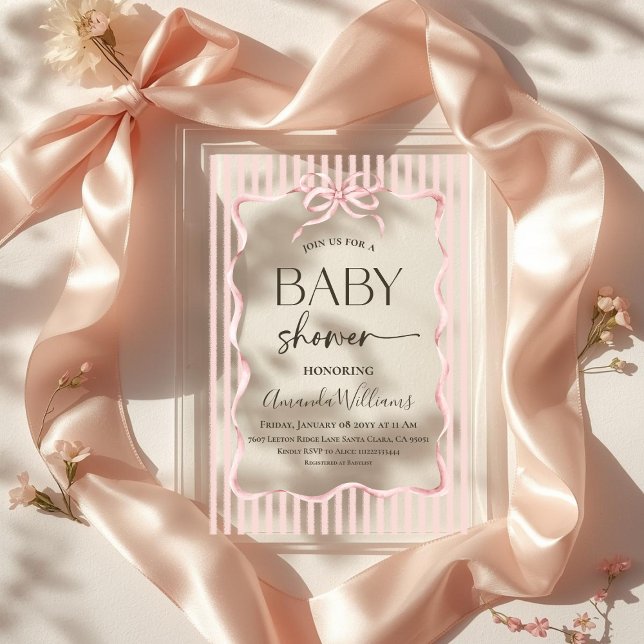 Invitations En Acrylique Coquette Pink Bow Stripe Girl Baby Shower (Créateur téléchargé)