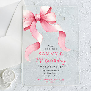 Invitations En Acrylique Coquette Rose Cute Bow fête d'anniversaire
