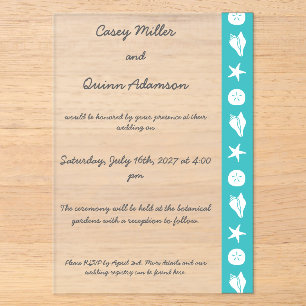 Invitations En Acrylique Coquillages d'été en turquoise Acrylique Mariage