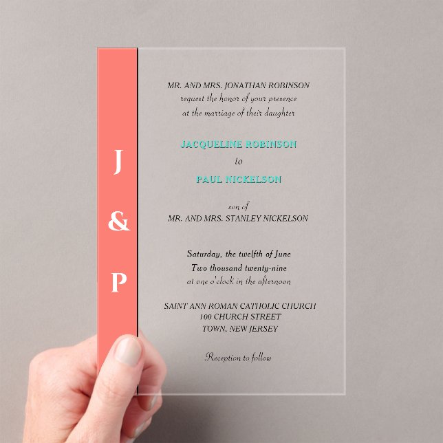 Invitations En Acrylique Coral Turquoise Monogramme Bride et Groom Clear (In situ (ordinateur de poche))