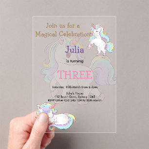 Invitations En Acrylique Couleur arc-en-ciel Unicorn bébé fille anniversair