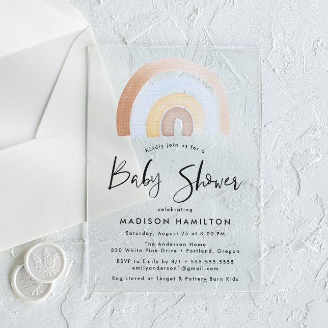 Invitations En Acrylique Couleur bleu et Brown Aquarelle Baby shower arc-en (Créateur téléchargé)
