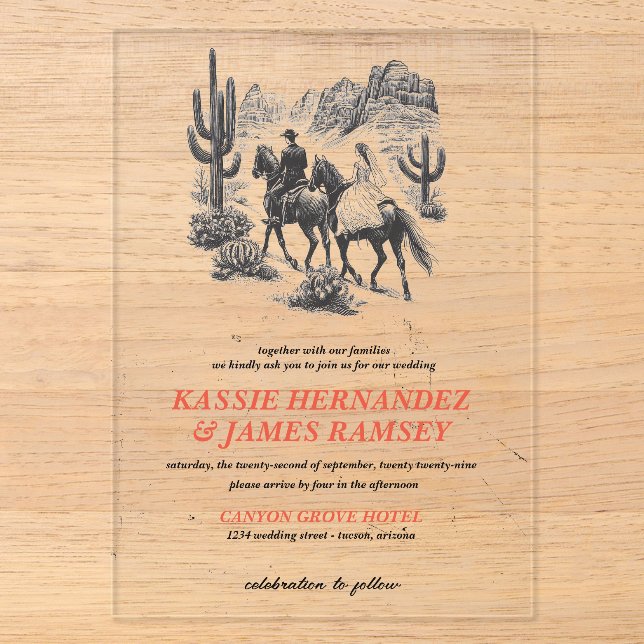 Invitations En Acrylique Couple de Canyon à cheval Mariage (Recto)