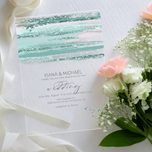 Invitations En Acrylique Coups de pinceau abstraits Mariage sarcelle V3 ID8