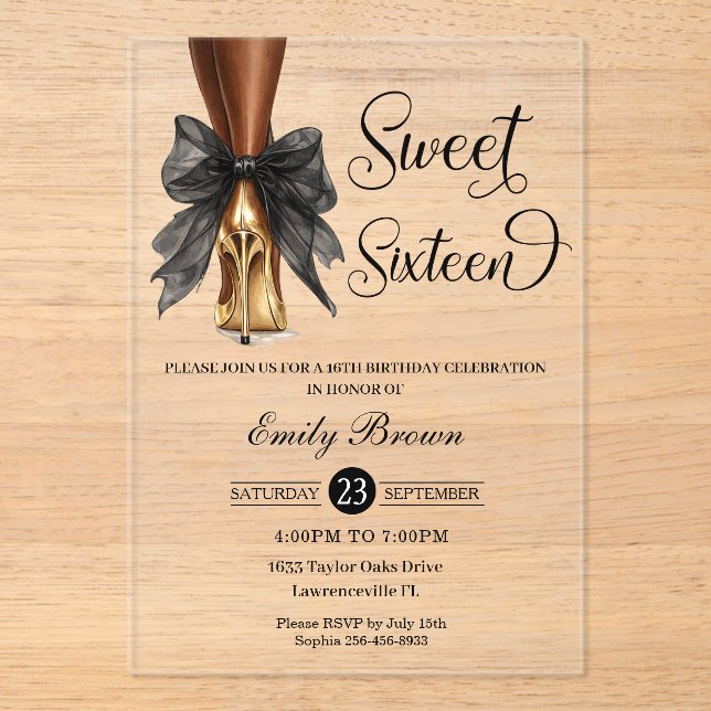Invitations En Acrylique Couquette Black Ribbon Bow Fashion Heels Sweet 16  (Recto)