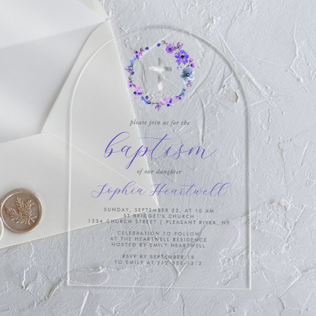 Invitations En Acrylique Courbe fleurie violette Croix d'argent Baptême (Créateur téléchargé)