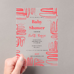 Invitations En Acrylique Courbe Rouge Gribouillis Abstrait Baby Shower