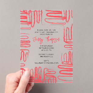 Invitations En Acrylique Courbe Rouge Gribouillis Abstrait Fête d'anniversa