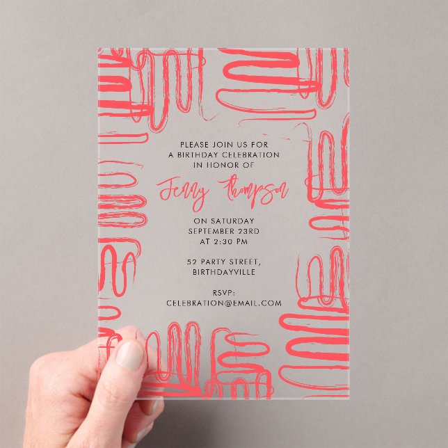 Invitations En Acrylique Courbe Rouge Gribouillis Abstrait Fête d'anniversa (In situ (ordinateur de poche))