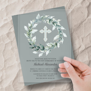 Invitations En Acrylique Couronne aquarelle Croix Bleue Première Communion