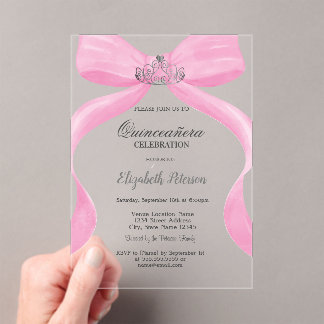 Invitations En Acrylique Couronne argentée avec ruban rose pour Quinceañera