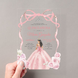 Invitations En Acrylique Couronne d'argent de princesse à nœud rose poussié