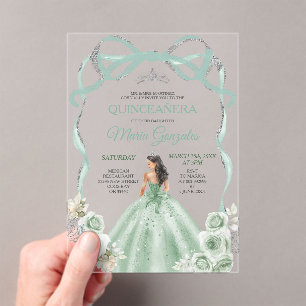 Invitations En Acrylique Couronne d'argent de princesse à ruban vert sauge
