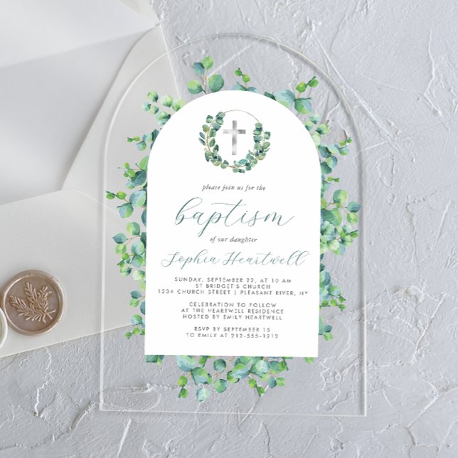 Invitations En Acrylique Couronne de eucalyptus Croix argentée Arche Baptêm (Créateur téléchargé)