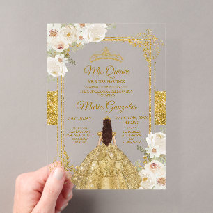 Invitations En Acrylique Couronne de Fête Florale Or et Blanc Mis Quince