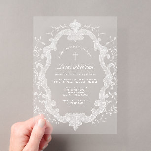 Invitations En Acrylique Couronne de feuillage blanc élégant pour baptême