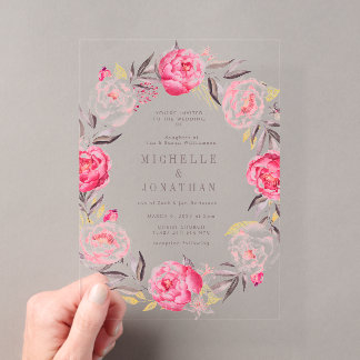 Invitations En Acrylique Couronne de fleurs aquarelle rose pour mariage
