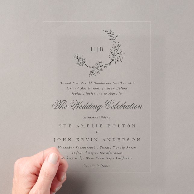 Invitations En Acrylique Couronne de fleurs classique avec monogramme de ma (In situ (ordinateur de poche))