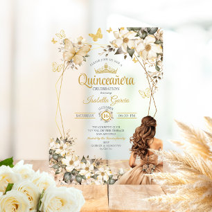 Invitations En Acrylique Couronne de fleurs papillons Quinceañera beige dor