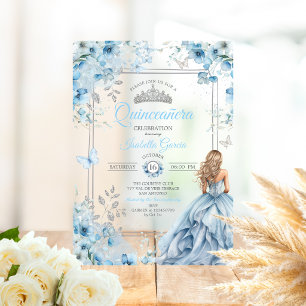 Invitations En Acrylique Couronne de fleurs papillons Quinceañera bleu bébé