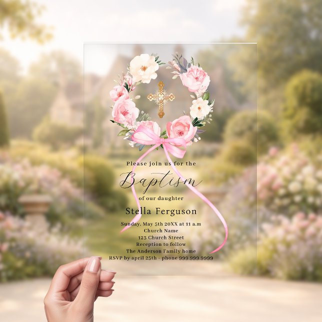 Invitations En Acrylique Couronne de fleurs roses noeud croix fille baptême (Créateur téléchargé)