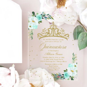 Invitations En Acrylique Couronne de fleurs sarcelle Quinceañera Or