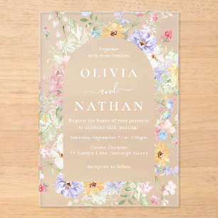 Invitations En Acrylique Couronne de fleurs sauvages colorées Mariage givré