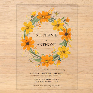 Invitations En Acrylique Couronne de fleurs sauvages orange et jaune pour m