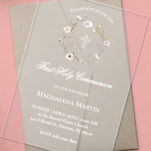 Invitations En Acrylique couronne de fleurs sauvages Première Sainte Comm