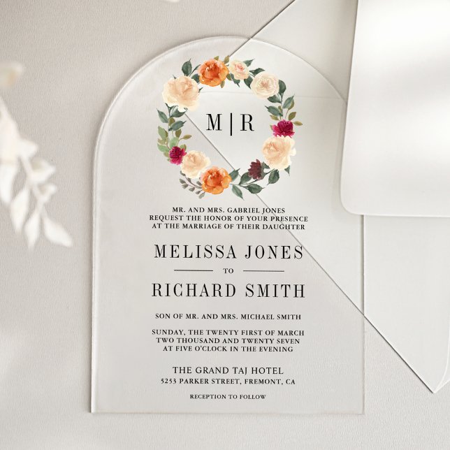 Invitations En Acrylique Couronne de fleurs terrienne pour mariage (Créateur téléchargé)