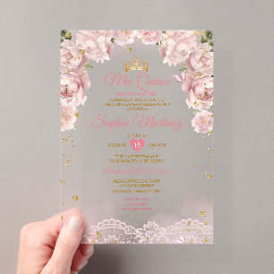 Invitations En Acrylique Couronne de mes quince ans rose en or Gold Quincea