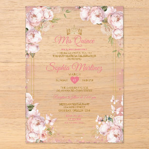 Invitations En Acrylique Couronne de mes quinze ans rose papillon Quinceañe