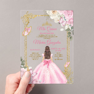Invitations En Acrylique Couronne de Mis Quince Rose Papillon Quinceañera O