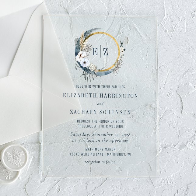 Invitations En Acrylique Couronne de monogramme Boho Moon Indigo Mariage (Créateur téléchargé)