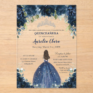 Invitations En Acrylique Couronne de princesse argentée florale bleu marine