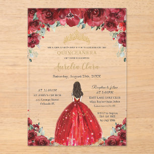 Invitations En Acrylique Couronne de princesse chic Quinceañera rouge fleur
