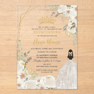 Invitations En Acrylique Couronne de princesse en or Floral d'Ivoire Blanc