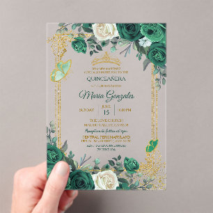 Invitations En Acrylique Couronne de Quinceañera Papillon Vert Émeraude Dor
