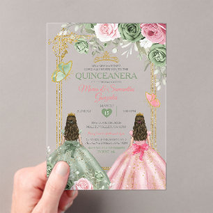 Invitations En Acrylique Couronne de quinceañera verte sauge et rose Gold T