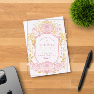 Invitations En Acrylique Couronne de roses aquarelle baptême