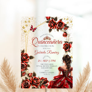 Invitations En Acrylique Couronne de roses dorées rouges pour Quinceañera p