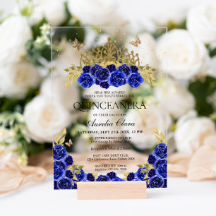 Invitations En Acrylique Couronne de tiare élégante glamour bleu floral or 