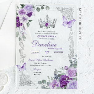 Invitations En Acrylique Couronne élégante lilas violet Quinceanera