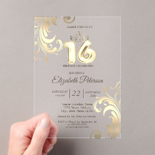Invitations En Acrylique Couronne en Or Luxuty Swirls Douce 16