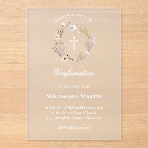 Invitations En Acrylique couronne fleur sauvage   Confirmation
